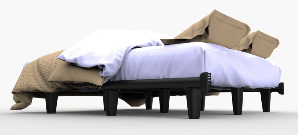 A heavy-duty platform bed holding a large mattress comfortably.