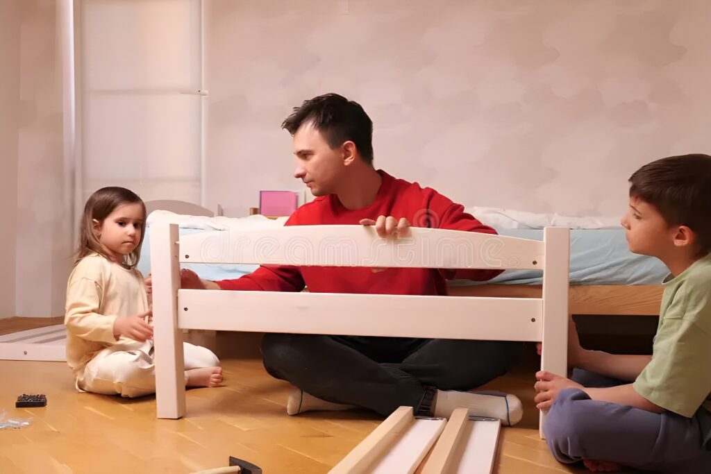 Parents struggling to assemble a traditional bed frame with tools - The Perfect Easy-to-Assemble Bed for Parents with Toddlers